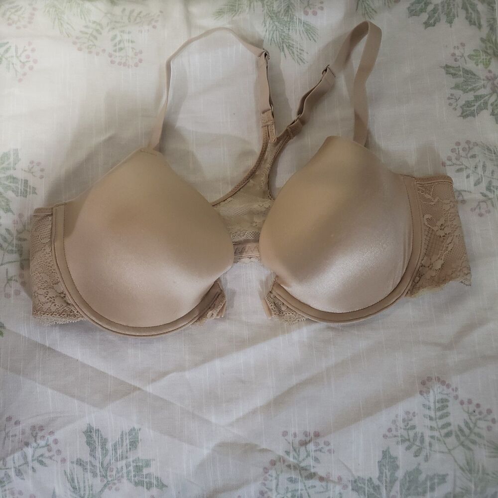 Maidenform Front Close Bra 34B Lace Racerback UnderwireMolded Satin Cup-BeigeOOO